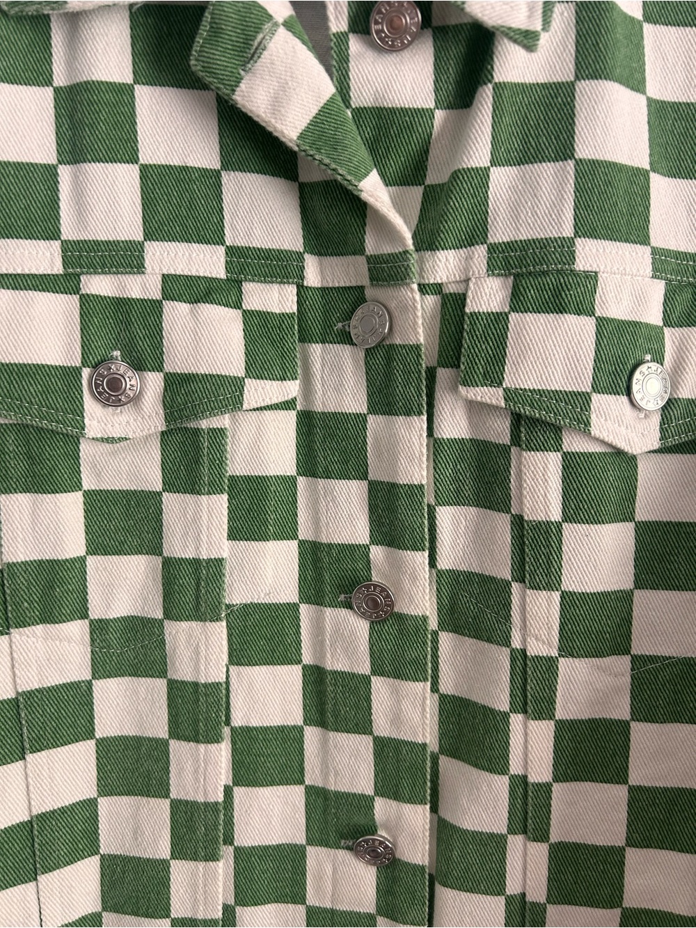 Green Checkerboard Denim Jacket | Timing Size S | Retro Streetwear Shacket - Picture 3 of 4